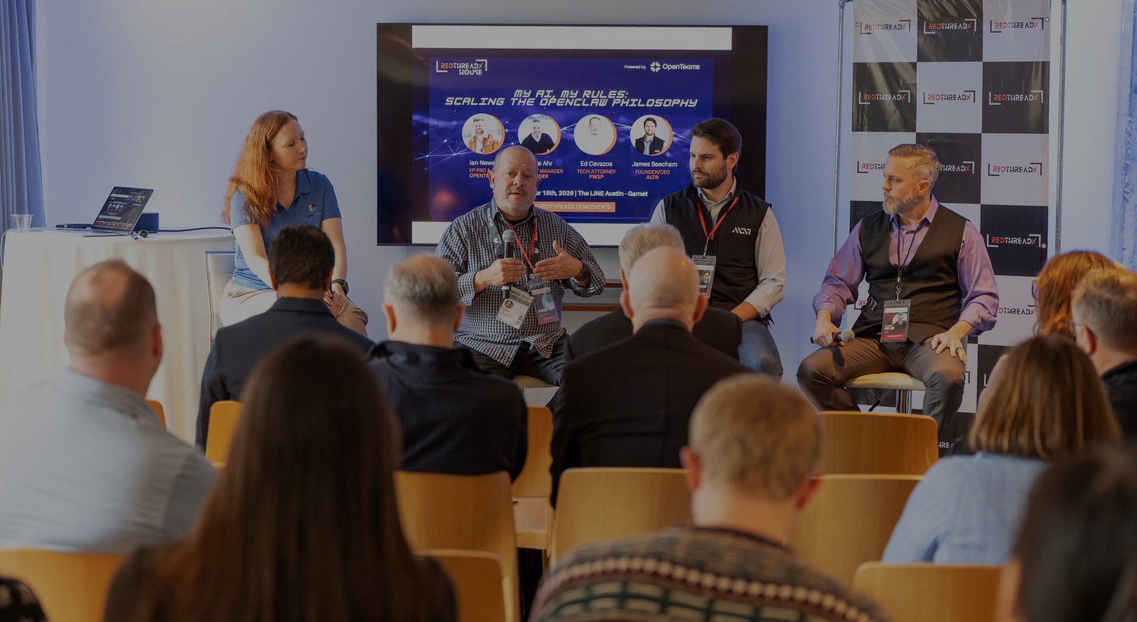 Panel discussion before a seated audience at the RedThread X House, SXSW 2026