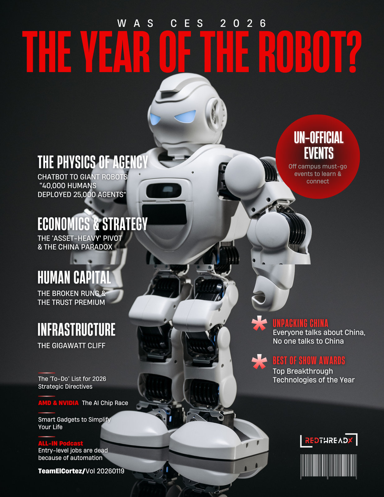 Cover of Is CES 2026 Robotic Yet?, the RedThread X CES research report